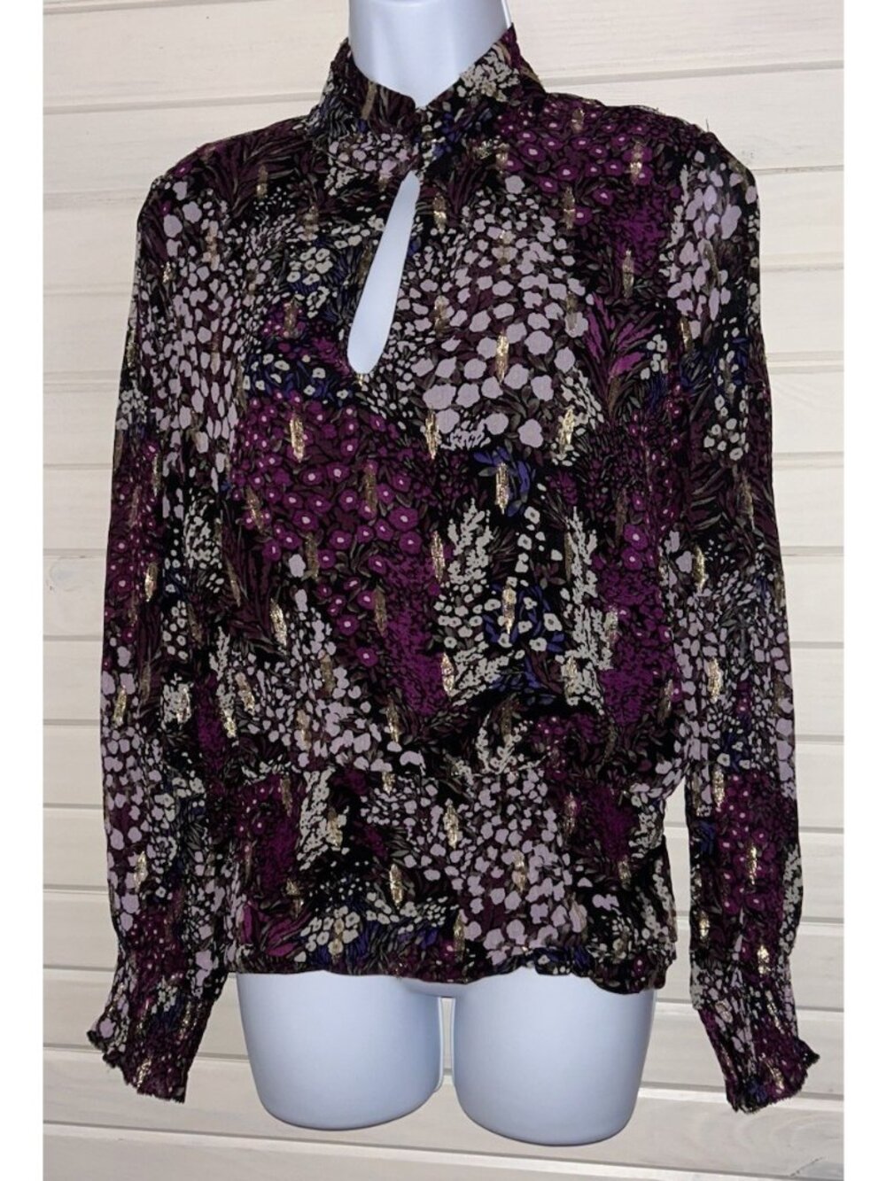 WHBM Sz 4 Purple Gold Metallic Floral L/S Blouson Blouse Keyhole Neck EUC
